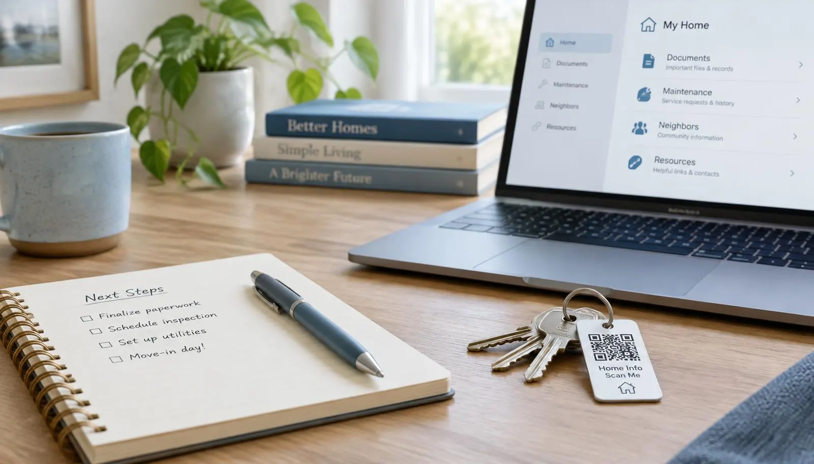 A notebook, laptop and a keyring with a printed QR tag on a desk