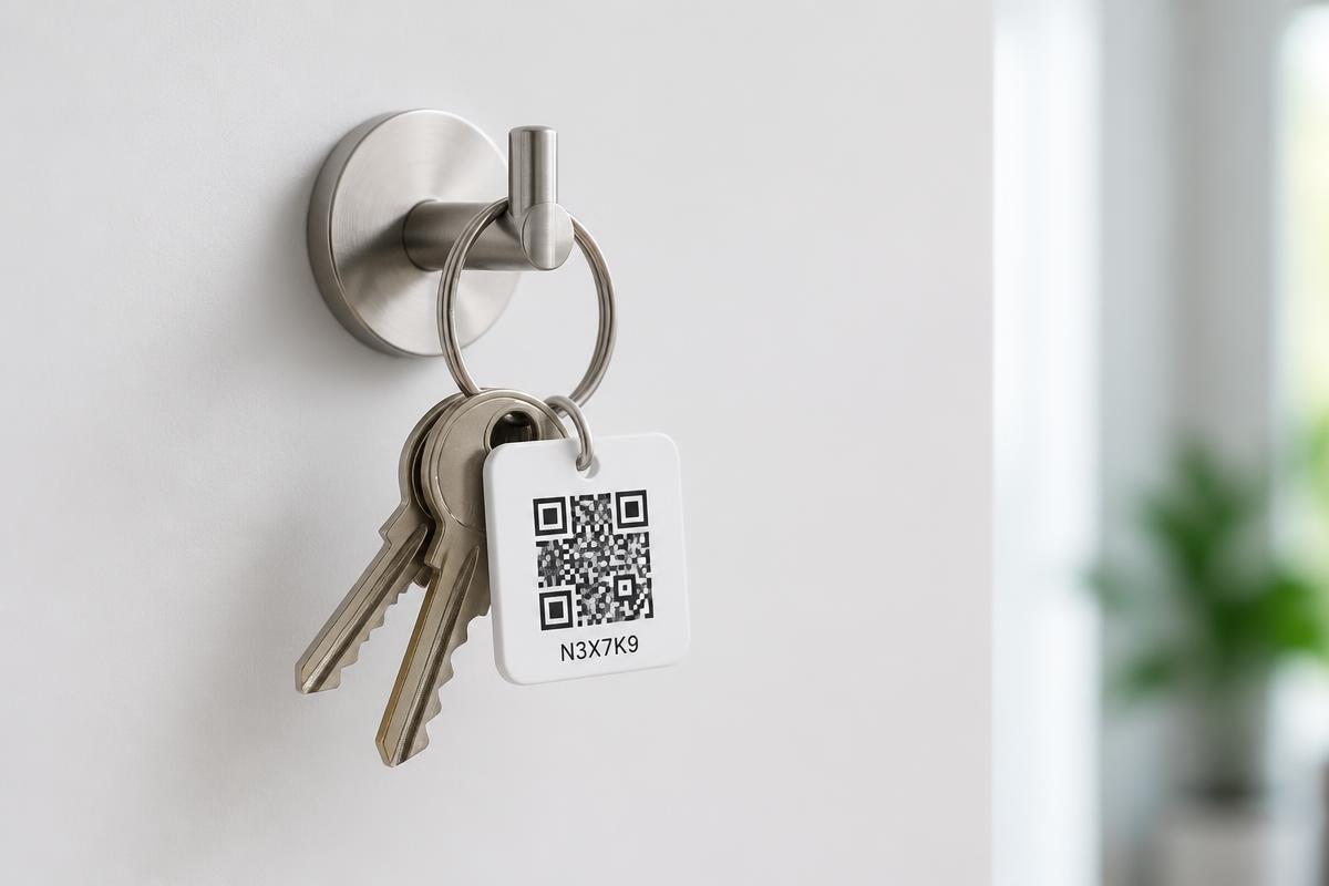 A keyring with house keys and a printed QR key tag hanging on a wall hook — no cabinet required.
